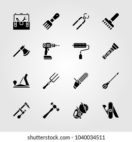 Tools icons set. Vector illustration screwdriver, axe, multitool and chainsaw