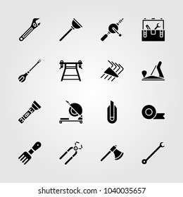 Tools icons set. Vector illustration adhesive tape, work brench, chop saw and screwdriver