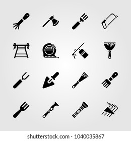 Tools icons set. Vector illustration torch, fork, tape measure and allen keys