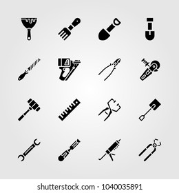 Tools icons set. Vector illustration rake, clamp, ruler and spanner