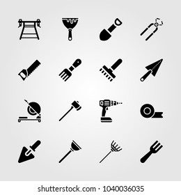 Tools icons set. Vector illustration trowel, adhesive tape, drill and shovel