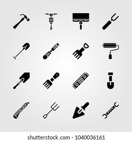 Tools icons set. Vector illustration trowel, paint roller, level and hammer