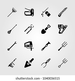Tools icons set. Vector illustration spanner, scraper, fork and rake