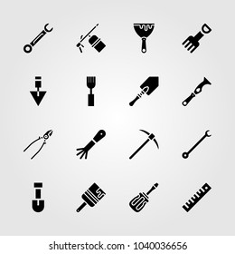 Tools icons set. Vector illustration rake, shovel, ruler and screwdriver