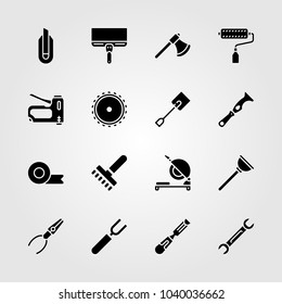 Tools icons set. Vector illustration chop saw, fork, tape and adhesive tape