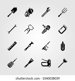 Tools icons set. Vector illustration cutter, hammer drill, adjustable spanner and scraper