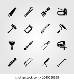 Tools icons set. Vector illustration clamp, mallet, rake and handsaw
