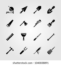 Tools icons set. Vector illustration rake, axe, pipe wrench and fork