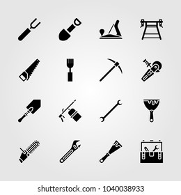 Tools icons set. Vector illustration power saw, adjustable spanner, shovel and scraper