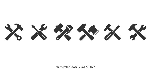 Tools icons set. Vector of work tools icon. Carpentry and workshop equipment icons. Collection of repair and construction tools in flat style vector illustration on transparent background.