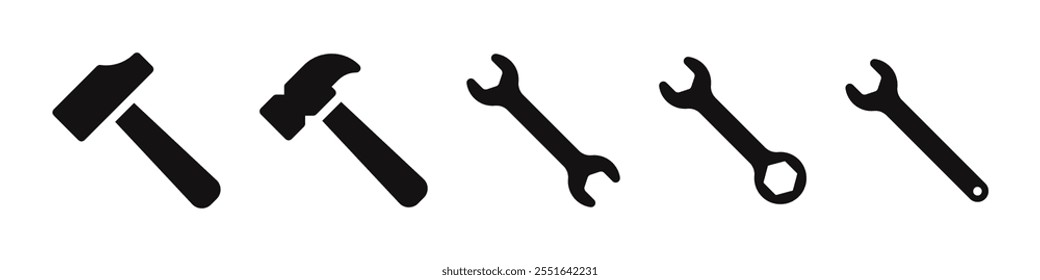 Tools icons set. Wrench and hammer symbol collection. Vector illustration.