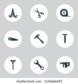 Tools icons set with wrench, saw, hammer and other repair elements. Isolated vector illustration tools icons.