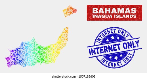 Tools Inagua Islands map and blue Internet Only textured seal. Spectrum gradient vector Inagua Islands map mosaic of machinery items. Blue rounded Internet Only seal.