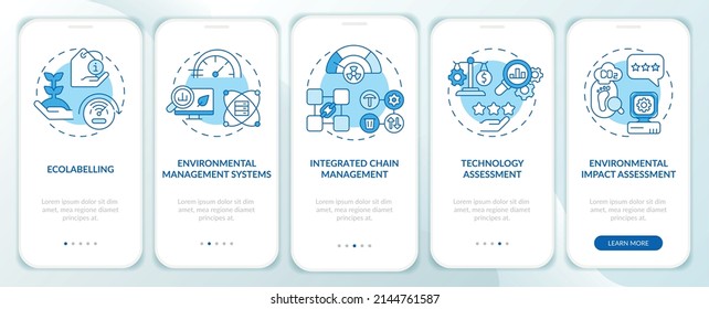 Tools of industrial ecology blue onboarding mobile app screen. Ecosystem walkthrough 5 steps graphic instructions pages with linear concepts. UI, UX, GUI template. Myriad Pro-Bold, Regular fonts used