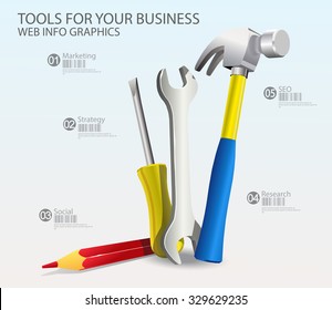 tools infographics. Hammer, red pencil, screwdriver and wrench