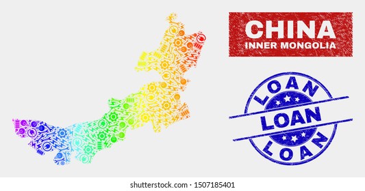 Tools Inner Mongolia map and blue Loan distress seal stamp. Rainbow colored gradient vector Inner Mongolia map mosaic of repair units. Blue round Loan badge.