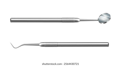 Tools and instrument for stomatologists and dentists. Vector realistic icons of sickle probes and mouth mirror for treatment of cavities and teeth problems. Examination and preventive checkup