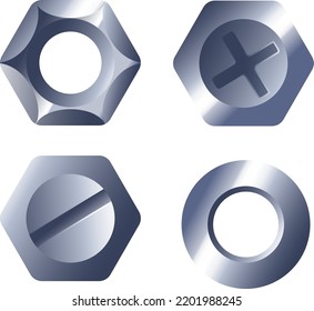 Tools and instruments for fixing and repairing, connecting and holding objects close to each other. Isolated bolts and nuts with different carvings and sizes for wrenches. Vector in flat style