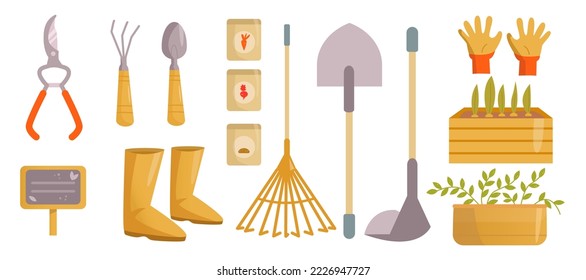 Tools or instruments for gardening cartoon illustrations set. Collection of cartoon drawings of shovel, rake, growing plants, boots, gloves isolated on white background. Gardening, equipment concept