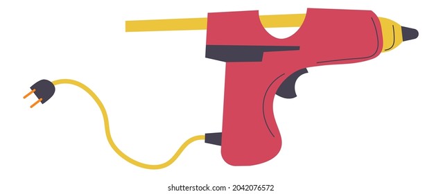 Tools And Instruments For School Classes And Lessons, Isolated Gluegun With Dry Stick And Socket. Workshop Or Handmade, Hobbies And Development Of Diy Skills On Leisure. Vector In Flat Style