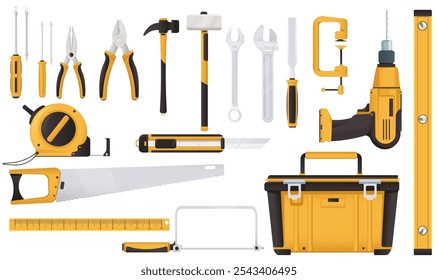 Tools and Instruments Set in Yellow and Black Colors. Vector illustration