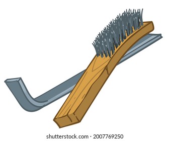 Herramientas e instrumentos para obras en fábrica, industria o lugar de construcción. equipo aislado de cepillo y metal con gancho. Reparación y construcción, kit de trabajo de mano especializada. Vector de estilo plano
