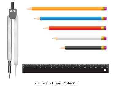 The tools isolated on a white background for geometry. Pencils, a ruler and a compasses