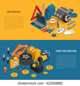 Tools isometric banner set with various kits of instruments used in car service vector illustration