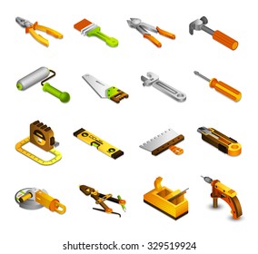 Tools isometric icons set with 3d saw paint roller pliers isolated vector illustration