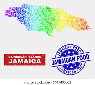 Tools Jamaica Map And Blue Jamaican Food Grunge Seal. Spectrum Gradiented Vector Jamaica Map Mosaic Of Engineering Components. Blue Round Jamaican Food Seal.