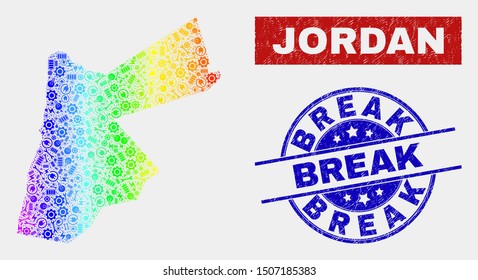 Tools Jordan map and blue Break textured seal stamp. Spectral gradiented vector Jordan map mosaic of engineering components. Blue round Break stamp.