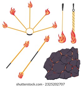 Tools for juggling fire. Vector stock illustration. Isolated on a white background. Fire show, dancing with flame.