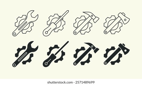 Tools and Kits icon illustration set with line stroke and solid field variations