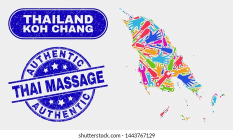 Tools Koh Chang map and blue Authentic Thai Massage distress seal stamp. Colored vector Koh Chang map mosaic of service items. Blue rounded Authentic Thai Massage imprint.