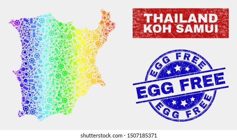 Tools Koh Samui map and blue Egg Free textured seal stamp. Colorful gradient vector Koh Samui map mosaic of industrial components. Blue round Egg Free stamp.