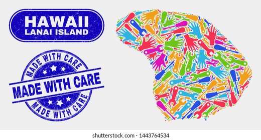 Tools Lanai Island map and blue Made with Care textured seal. Bright vector Lanai Island map mosaic of production elements. Blue round Made with Care seal.