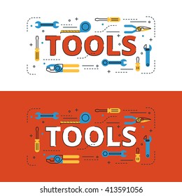Tools lettering flat line design with icons and elements for book cover, report header, presentation,illustration, infographics, printing, website banner and landing page.