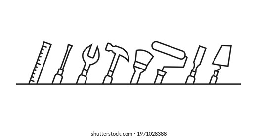 Tools in line art as building or repair concept. Tilted linear work tool icons isolated on white background.