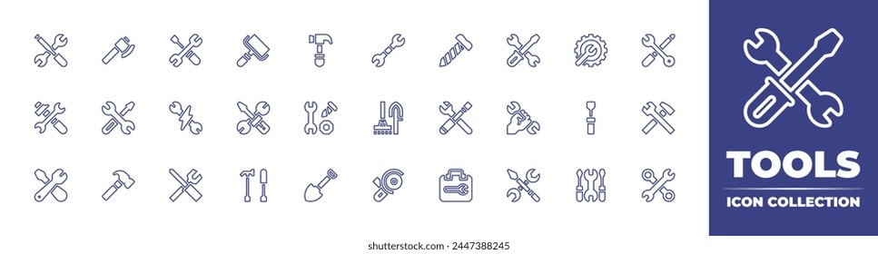 Tools line icon collection. Editable stroke. Vector illustration. Containing support, hammer, shovel, repair box, repair, angle grinder, electrician, equipment, tools, tools and utensils, work tools.