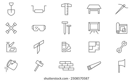 Icono de línea de herramientas colección. Reparación, destornillador, llave, martillo, herramientas de construcción, instrumento, configuración y conjunto de iconos de configuración. Paquete de iconos de esquema de interfaz de usuario