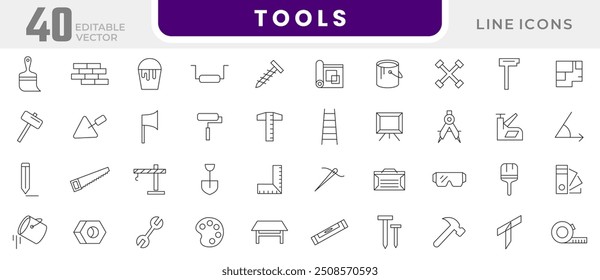 Icono de línea de herramientas colección. Reparación, destornillador, llave, martillo, herramientas de construcción, instrumento, configuración y conjunto de iconos de configuración. Paquete de iconos de esquema de interfaz de usuario