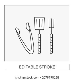  Tools line icon. Grill and barbecue utensils. Fork, shoulder, knife and tongs.BBQ concept. Isolated vector illustration. Editable stroke