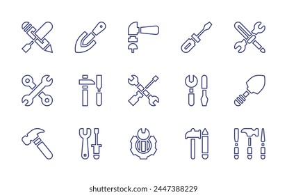 Tools line icon set. Editable stroke. Vector illustration. Containing hammer, repair, tools, shovel, screwdriver, tool, construction, design, construction and tools, repair tools.