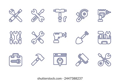 Tools line icon set. Editable stroke. Vector illustration. Containing support, hammer, shovel, repair box, web maintenance, paint roller, drill, angle grinder, tools, tool.