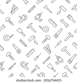 Tools line icon set seamless pattern. Repair work outline instruments. Vector isolated on white