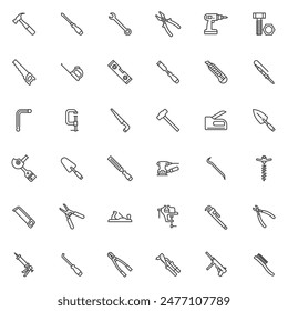 Tools line icons set. linear style symbols collection, outline signs pack. Instruments vector graphics. Set includes icons as drill, hammer, screwdriver, ruler, saw, putty knife, file, wrench, clamp