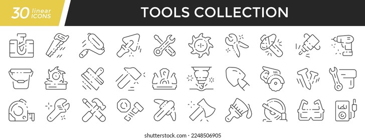 Tools linear icons set. Collection of 30 icons in black