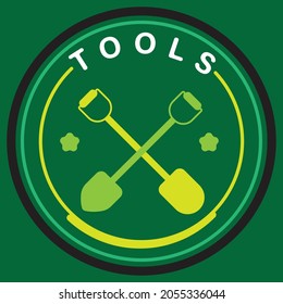 Tools logo with two types of shovels forming a cross  with two flowers on a square green background