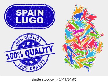 Tools Lugo Province map and blue 100% Quality scratched seal stamp. Colored vector Lugo Province map mosaic of engineering items. Blue round 100% Quality stamp.