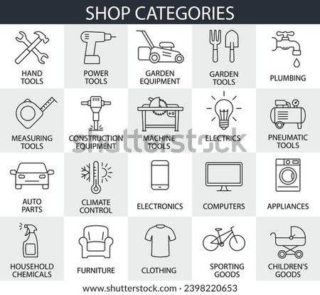Tools, machines, electronics, household appliances and other categories of the online store. Collection of editable vector linear icons: power tools, clothing, furniture. Set of equipment symbols.